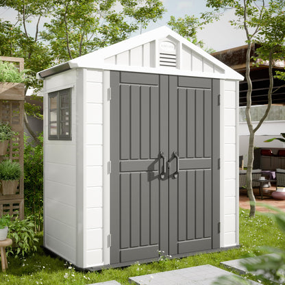 EAST OAK Abri de rangement extérieur en résine imperméable avec fenêtre, 152 pieds cubes, abri de maison extérieur pour meubles de patio, tondeuse à gazon, vélo, 7 × 4 × 8,2 pieds 