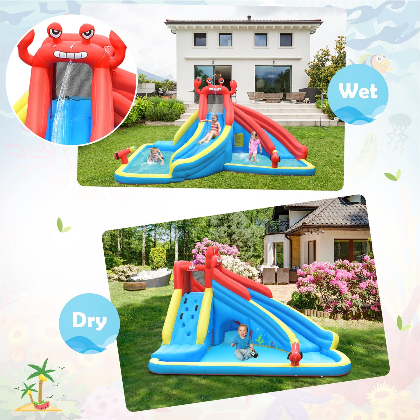 BOUNTECH Inflatable Water Slide, 7 in 1 Waterslide Park for Kids Outdoor Fun with Double Long Slide, 950w Blower, Splash Pool, Crab Theme Blow up Water Slides for Kids and Adults Backyard Party Gifts With 950W Air Blower