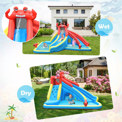 BOUNTECH Toboggan aquatique gonflable 7 en 1 pour les enfants en plein air avec double long toboggan, souffleur 950 W, piscine à éclaboussures, toboggans gonflables sur le thème du crabe pour enfants et adultes, cadeaux de fête avec souffleur d'air 950 W