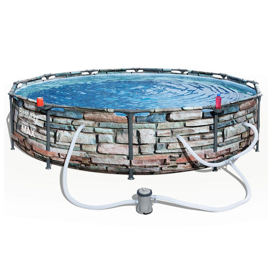 Bestway 56817E 12' x 30" Steel Pro Max Round Steel Frame 5-Person 1,710 Gallon Kit de piscine hors sol avec pompe de filtration et filtre, Stone Print 12' x 30" - Stone Print