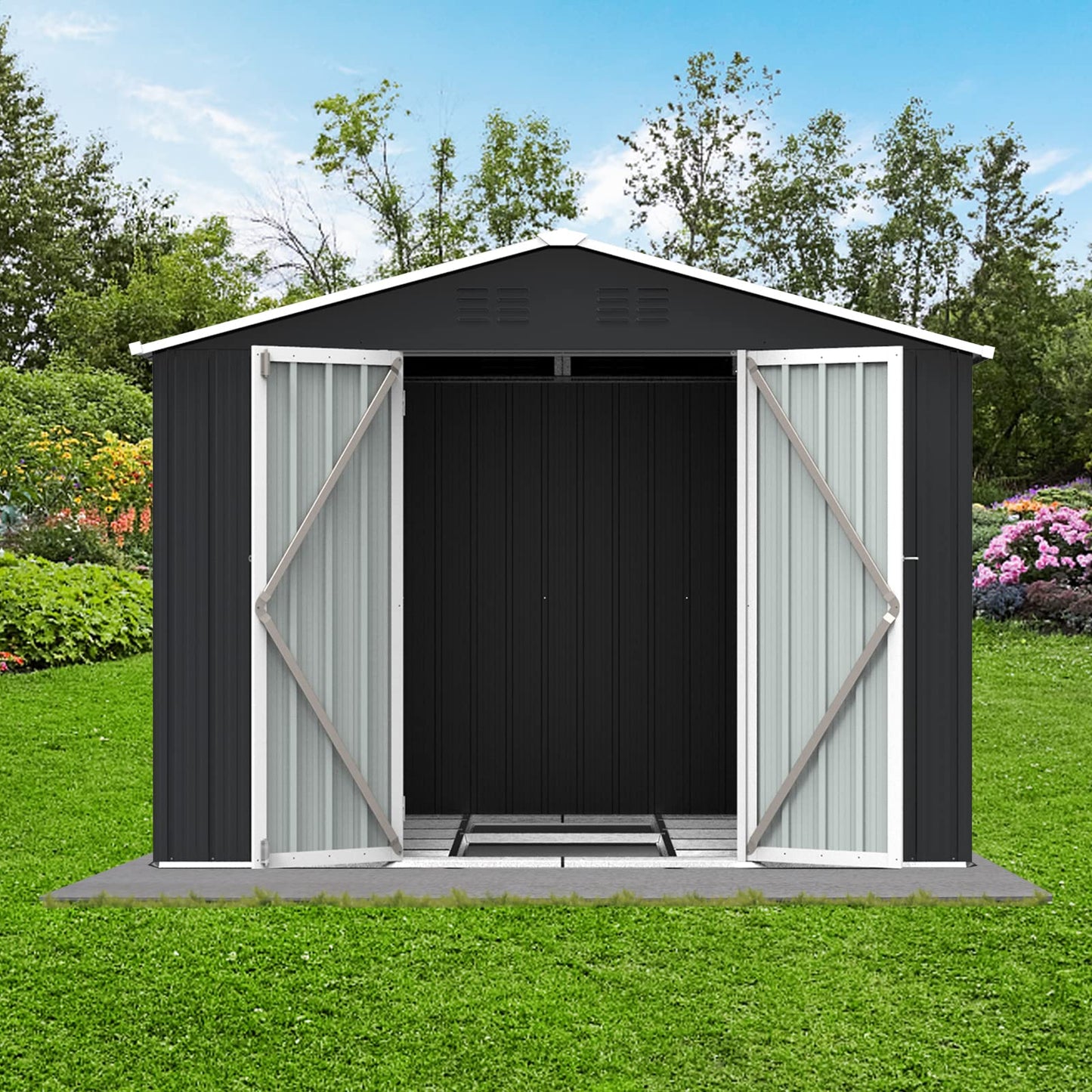 Evedy 8 x 6FT Sheds & Outdoor Storage,Metal Storage Shed,Patio Storage Cabinet Waterproof with Lockable Doors Garden Tool Shed Galvanized Steel Outdoor Storage Cabinet for Backyard, Patio, Lawn 8 x 6 FT Black