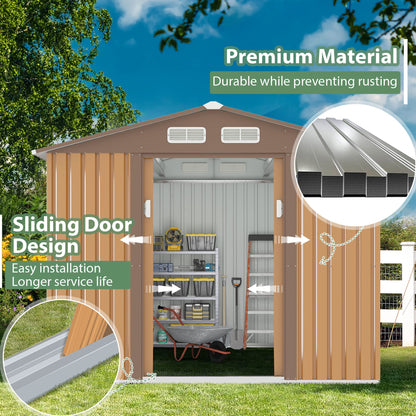 HOGYME Storage Shed 8' x 8' Outdoor Garden Shed Metal Shed Suitable for Storing Garden Tool Lawn Mower Ladder Coffee 8x8