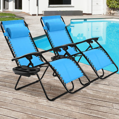 Goplus Zero Gravity Chaise, Chaise Longue Inclinable Pliante Réglable avec Oreiller et Porte-gobelet, Patio Pelouse inclinable pour Piscine Extérieure Camp Yard (Ensemble de 2, Bleu Clair) ensemble de 2