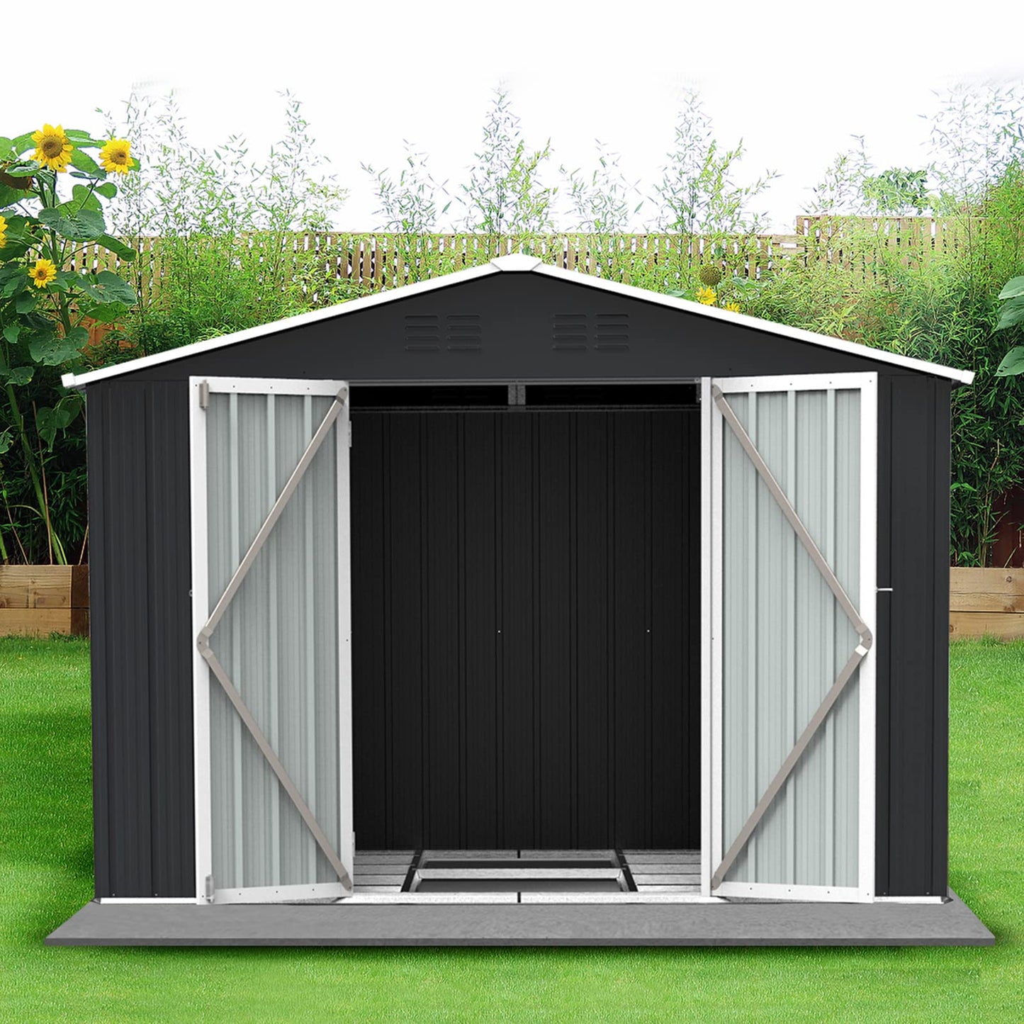 Lyromix 8' × 6' Metal Outdoor Storage Shed with Door & Lock, Waterproof Garden Storage Tool Shed with Base Frame for Backyard Patio, Black 8*6 FT