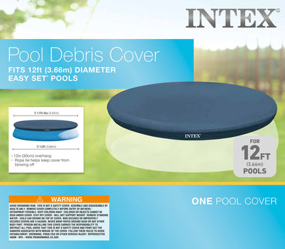 Couverture de piscine INTEX 28022E : pour piscines rondes faciles à installer de 3,7 m – Comprend une attache de corde – Trous de vidange – Surplomb de 30,5 cm – Ajustement serré 3,7 m.