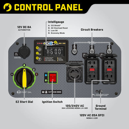 Champion Power Equipment 100719 Générateur à onduleur portable de 8 500 watts, démarrage électrique et bouclier de CO 8 500 watts + gaz + démarrage électrique EZ + CO 