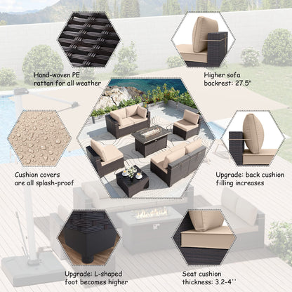 ALAULM 8 Pieces Outdoor Patio Furniture Set with Propane Fire Pit Table Outdoor Sectional Sofas (Khaki)