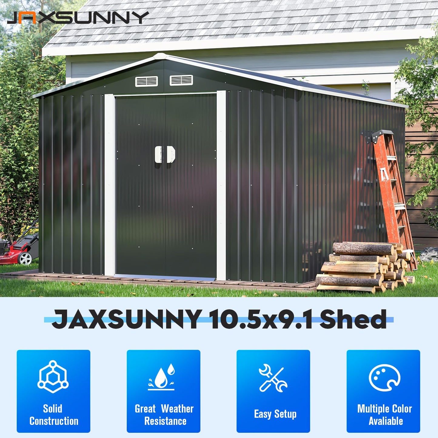 JAXSUNNY Abri de rangement extérieur de 10,5 x 9,1 pieds, grand abri à outils en métal et rangement extérieur avec 4 bouches d'aération pour jardin, patio, pelouse, gris (gris, 10,5 x 9,1) 