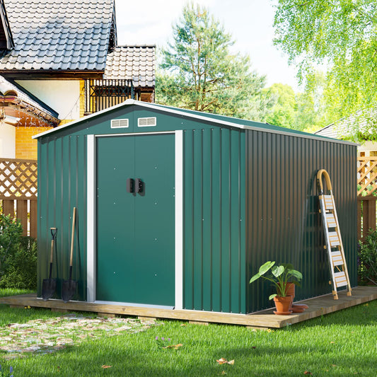 JAXPETY 9.1' x10.5' Large Outdoor Storage Shed, Galvanized Metal Shed for Garden Patio Lawn Backyard, Garden House with Lockable Double Doors and Four Vents, Green 9.1x10.5