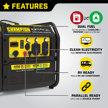 Champion Power Equipment 200914 Générateur inverseur à cadre ouvert de 4 250 W, technologie double carburant 4 250 W + double carburant + démarrage manuel 