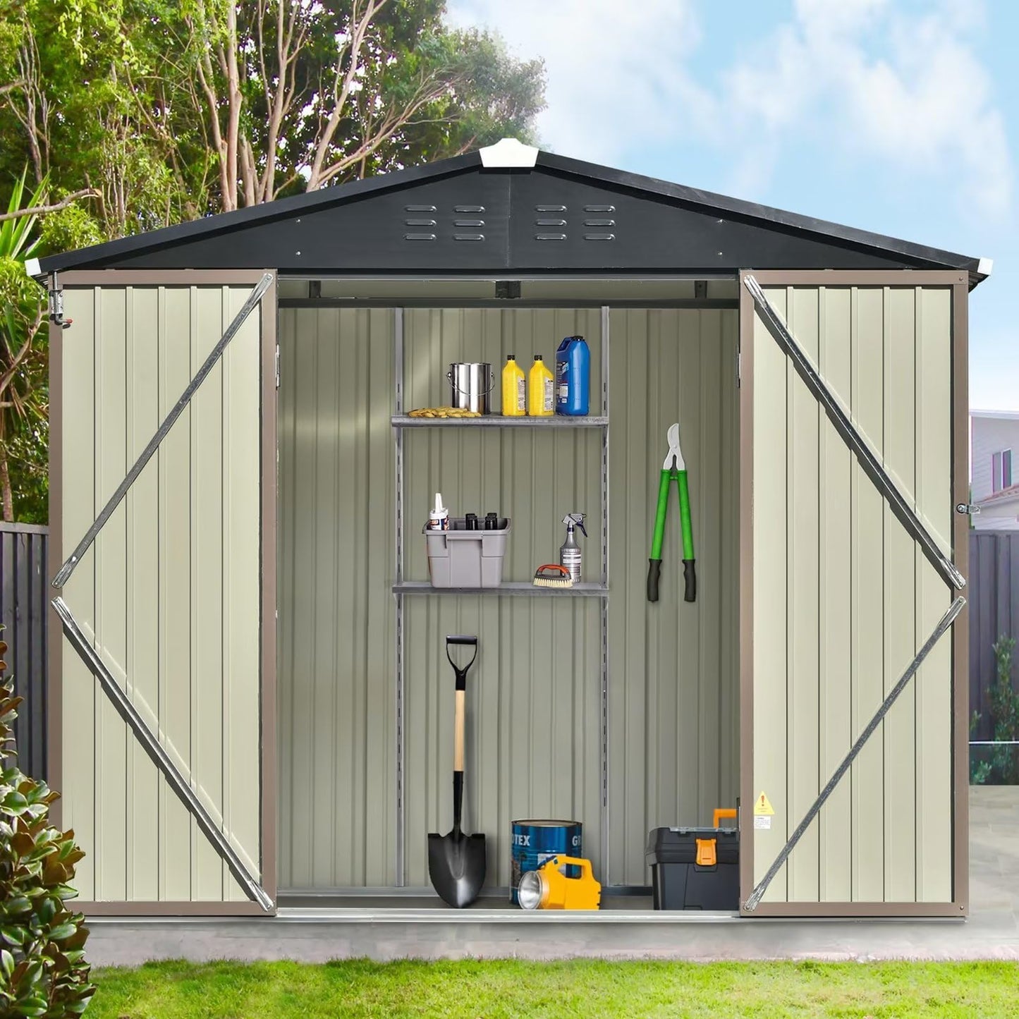 Plawden Metal Outdoor Storage Shed 8x6 FT Bike Shed Garden Shed, with Adjustable Shelf and Lockable Doors, Tool Cabinet with Vents and Foundation Frame for Backyard, Lawn, Garden, Brown 8 x 6 FT Brown