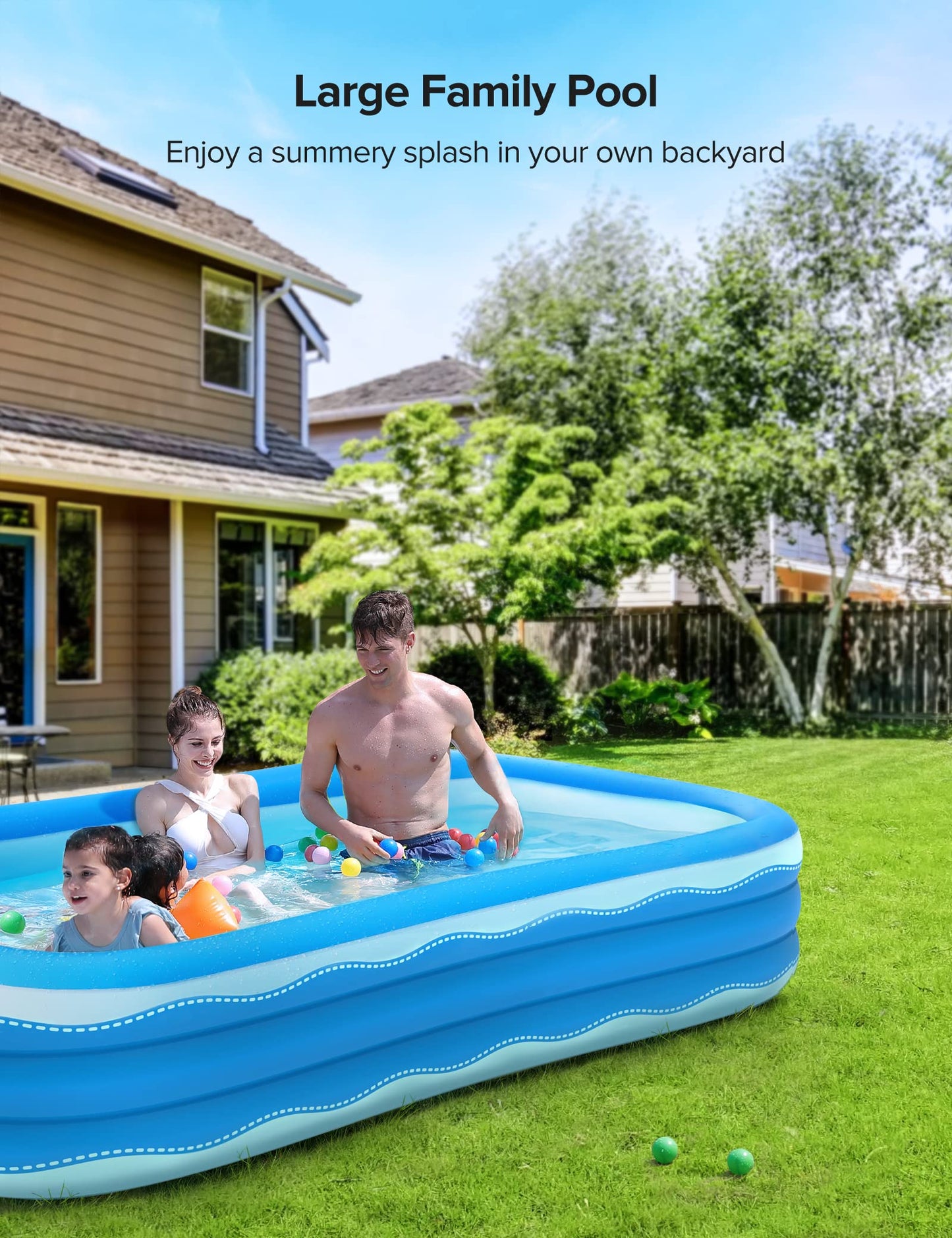Inflatable Swimming Pool, Full-Sized Above Ground Pool, Ages 3+, 118" x 72.5" x 20"