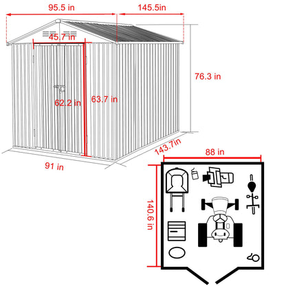 MUPATER Abri de rangement extérieur 2,4 x 3,7 m, kit d'abri de jardin en métal avec portes et aérations verrouillables, abri de rangement pour outils de jardin pour jardin, patio et pelouse, gris 