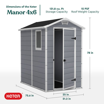 Keter Manor Kit d'abri de rangement extérieur en résine 4 x 6 - Parfait pour ranger les meubles de terrasse, les outils de jardin, les accessoires de vélo, les chaises de plage et la tondeuse à gazon, gris et blanc 