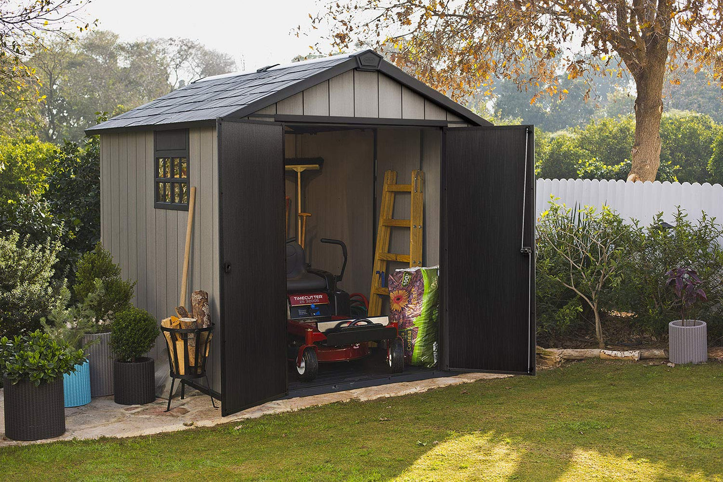 Keter Oakland 7.5x9 Foot Large Resin Outdoor Shed with Customizable Walls for Lawn Mower and Bike Storage, 7.5 x 9, Grey Gray