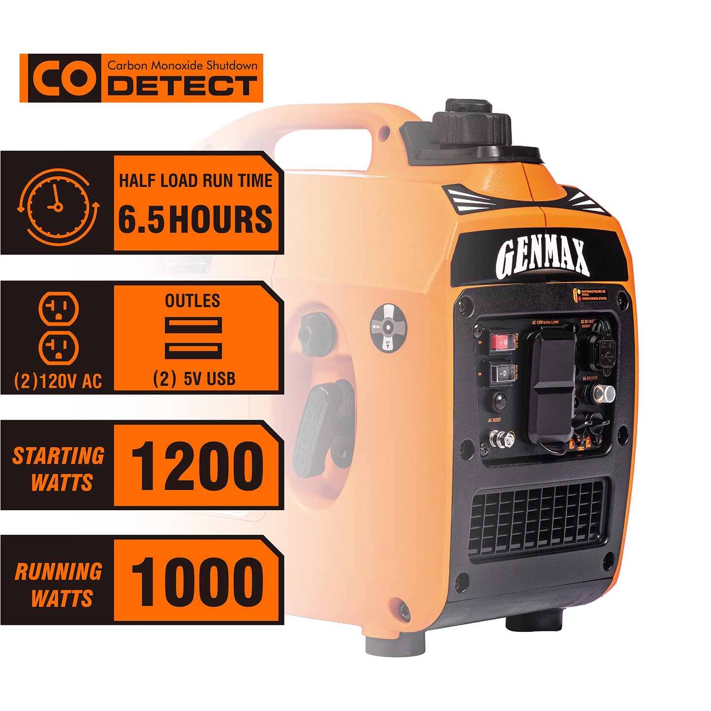 GENMAX GM1200i Portable Inverter Generator with 1200W Qltra-Quiet Gas Engine