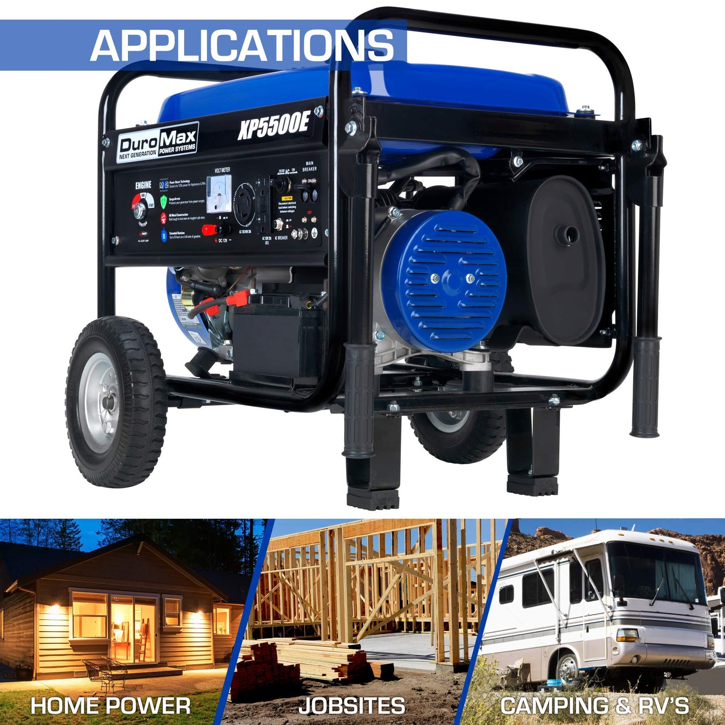 DuroMax XP5500E Gas Powered Portable Generator-5500 Watt Electric Start-Camping & RV Ready, 50 State Approved, Blue/Black 5,500-Watt Gas