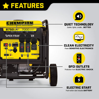 Champion Power Equipment 100520 Onduleur à cadre ouvert série DH 8 750 watts, démarrage électrique 8 750 watts + gaz + démarrage électrique 