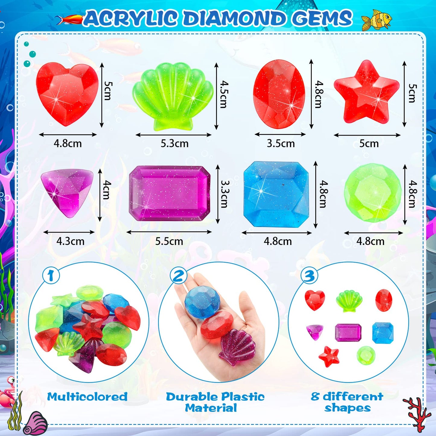 Chalyna 16 Pieces Diving Gems Pool Toys Large Acrylic Gems Big Diamond Gems Pirate Treasure Chest Summer Underwater Swimming Toys for Birthday Swimming Pool Party Favors (Vivid Style) Vivid Style