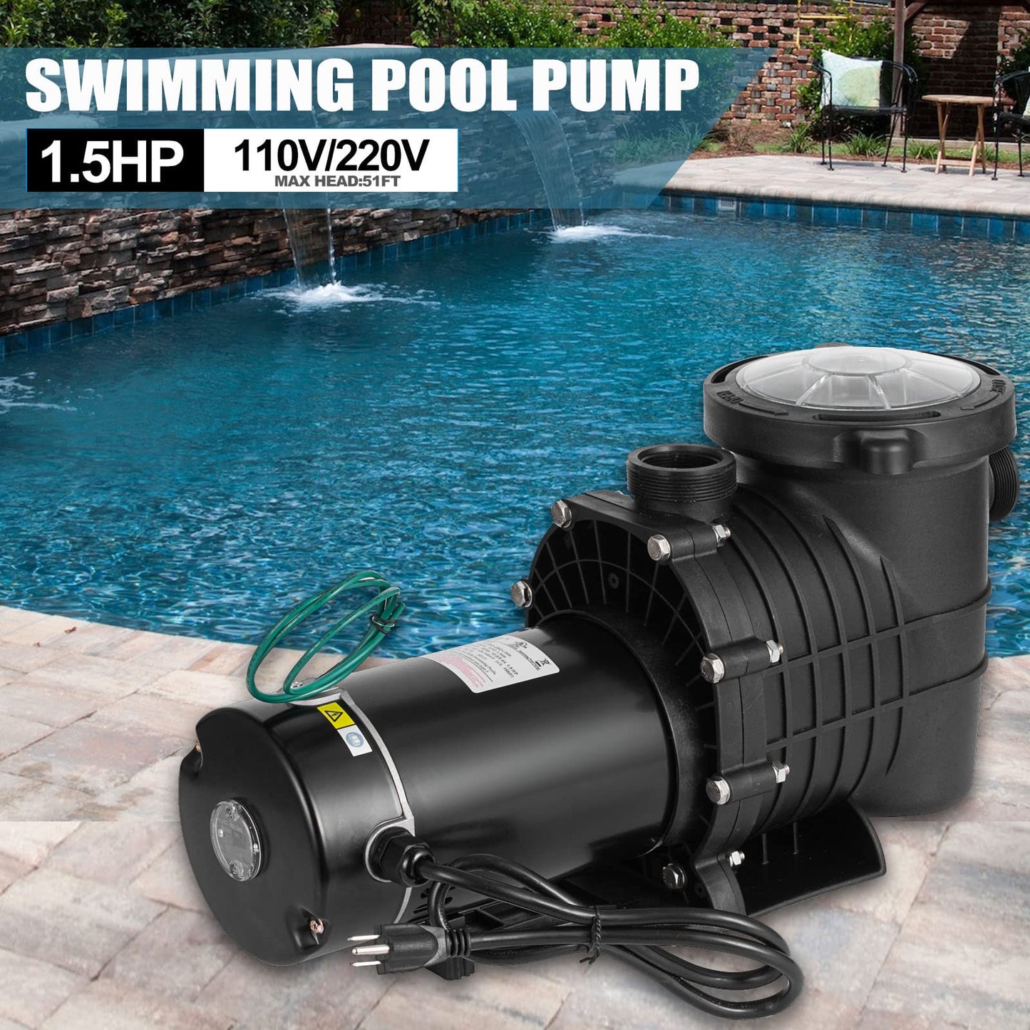 Pompe de piscine TOPDEEP 1,5 HP creusée, pompe de piscine auto-amorçante hors sol, pompes de piscine à vitesse unique double tension avec panier de crépine et 2 connecteurs 1-1/2NPT