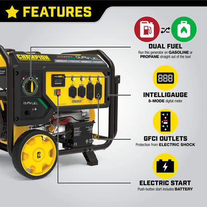 Champion Power Equipment 100891 Générateur portable bicarburant 9375/7500 watts, démarrage électrique 7500 watts + bicarburant + démarrage électrique 