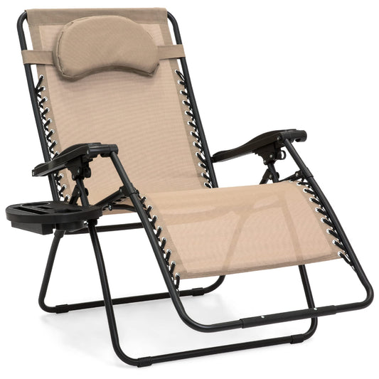 Best Choice Products Oversized Zero Gravity Chair, Folding Outdoor Patio Lounge Recliner w/Cup Holder Accessory Tray and Removable Pillow - Tan