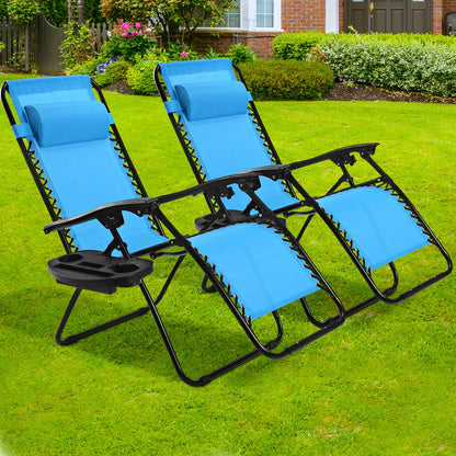 Goplus Zero Gravity Chaise, Chaise Longue Inclinable Pliante Réglable avec Oreiller et Porte-gobelet, Patio Pelouse inclinable pour Piscine Extérieure Camp Yard (Ensemble de 2, Bleu Clair) ensemble de 2