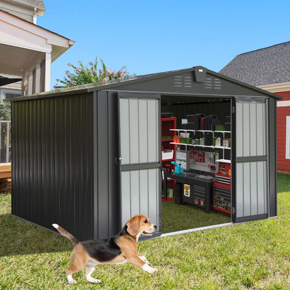 Domi Outdoor Storage Shed 10'x 8', Metal Garden Shed for Bike, Trash Can, Tools, Lawn Mowers, Pool Toys, Galvanized Steel Outdoor Storage Cabinet with Lockable Door for Backyard, Patio, Lawn… 10'x 8'