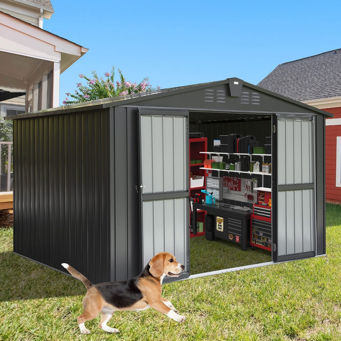 Domi Outdoor Storage Shed 10' x 8', Metal Steel Utility Tool Shed Storage House with Double Lockable Doors & Air Vents for Backyard Patio Garden Lawn Dark Grey 10'x 8'