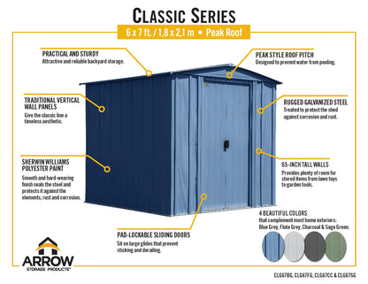 Arrow Shed Classic 6' x 7' Outdoor Padlockable Steel Storage Shed Building,Blue Grey Blue Grey 6' x 7'