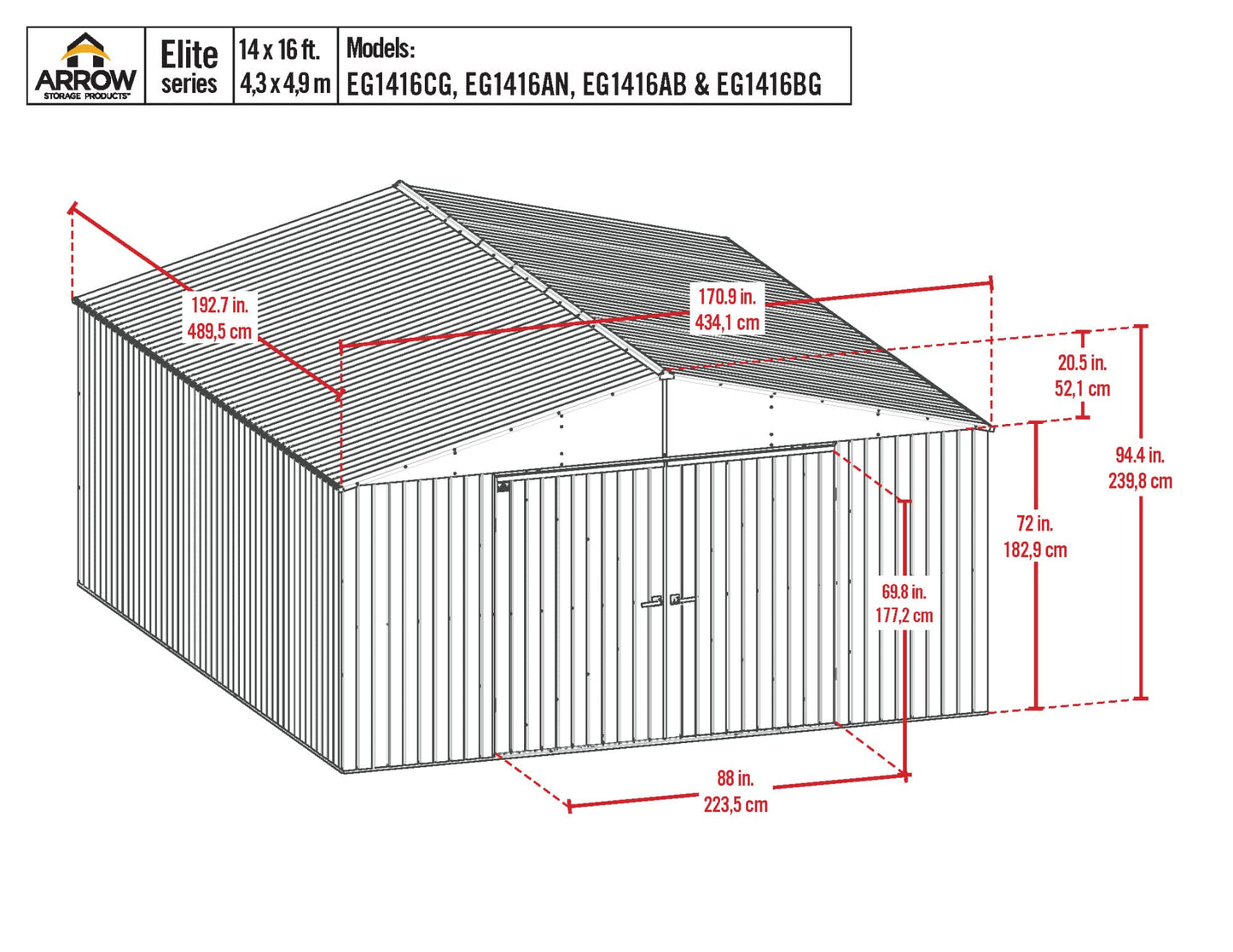 Arrow Shed Elite Hangar de rangement extérieur en acier avec toit à pignon verrouillable, 14' x 16', bleu gris 