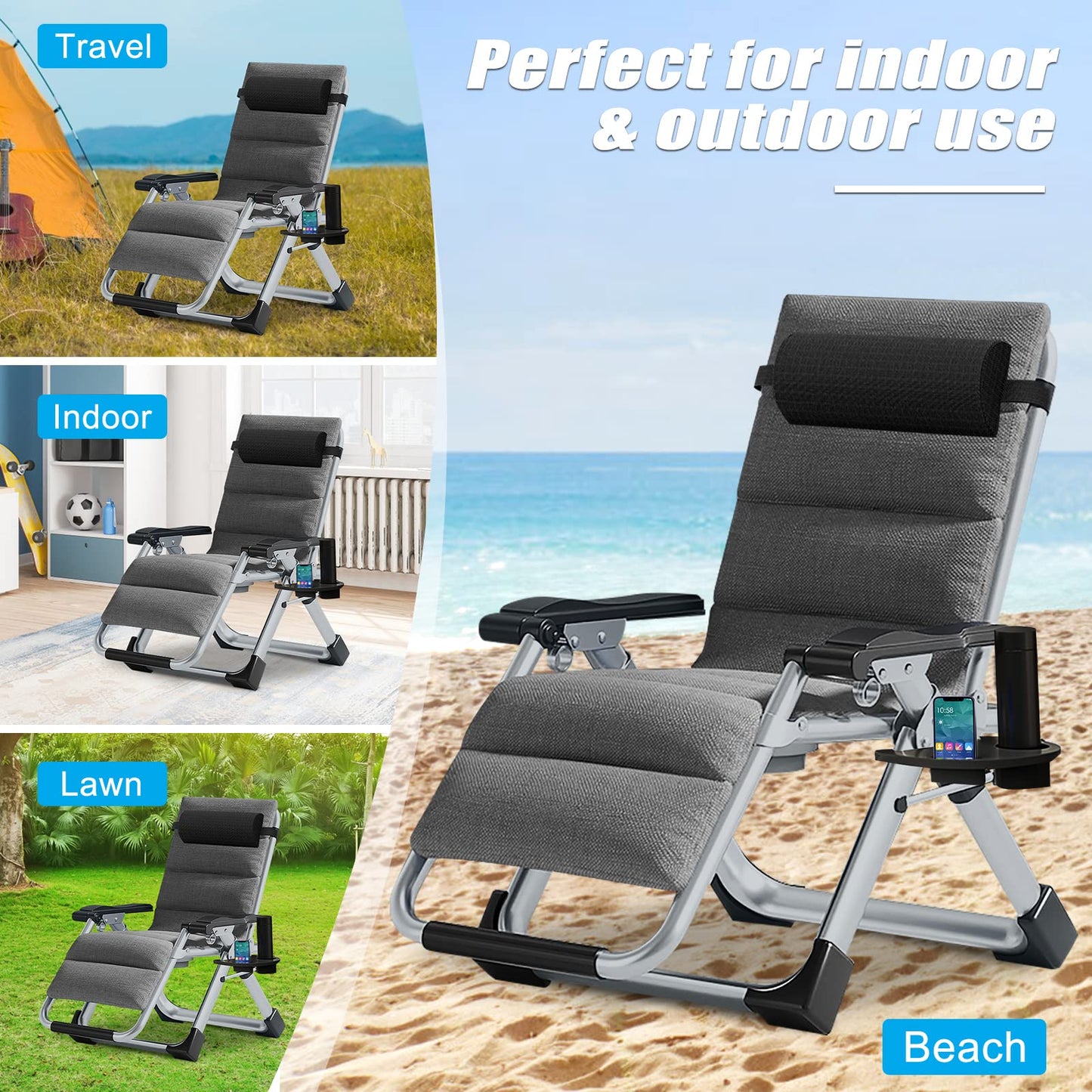 Zero Gravity Chair, Lawn Recliner, Reclining Patio Lounger Chair, Folding Portable Chaise with Detachable Soft Cushion, Cup Holder, Headrest Textured Grey Zero Gravity Chair-2Pack