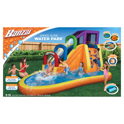 BANZAI Speed ​​​​Slide Water Park, Longueur: 14 pieds 7 pouces, Largeur: 9 pieds 6 pouces, Hauteur: 8 pieds, Toboggan aquatique gonflable pour l'extérieur, jouet d'escalade Splash Bounce