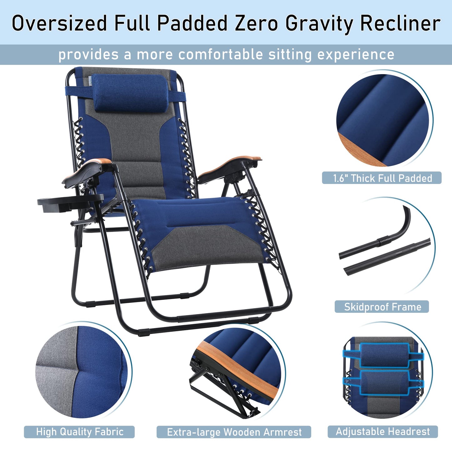 PHI VILLA Oversize XL Rembourré Zero Gravity Lounge Chair Large Accoudoir Inclinable Réglable avec Porte-gobelet, Support 400 LBS (Pouce Bleu) Pouce Bleu-surdimensionné 1-Pack