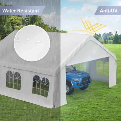 Morngardo Auvent de tente pour fêtes, tente de voiture robuste, abri de voiture en métal, garage portable avec parois latérales amovibles, blanc 20' x 20' 