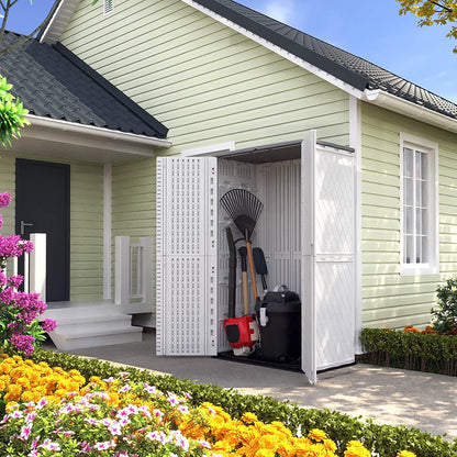 ADDOK Abri de rangement vertical multifonction, armoire de rangement extérieure résistante aux intempéries, boîte de rangement en résine HDEP pour cour, patio, jardin (blanc ivoire/53 pieds cubes) Abri haut blanc cassé 