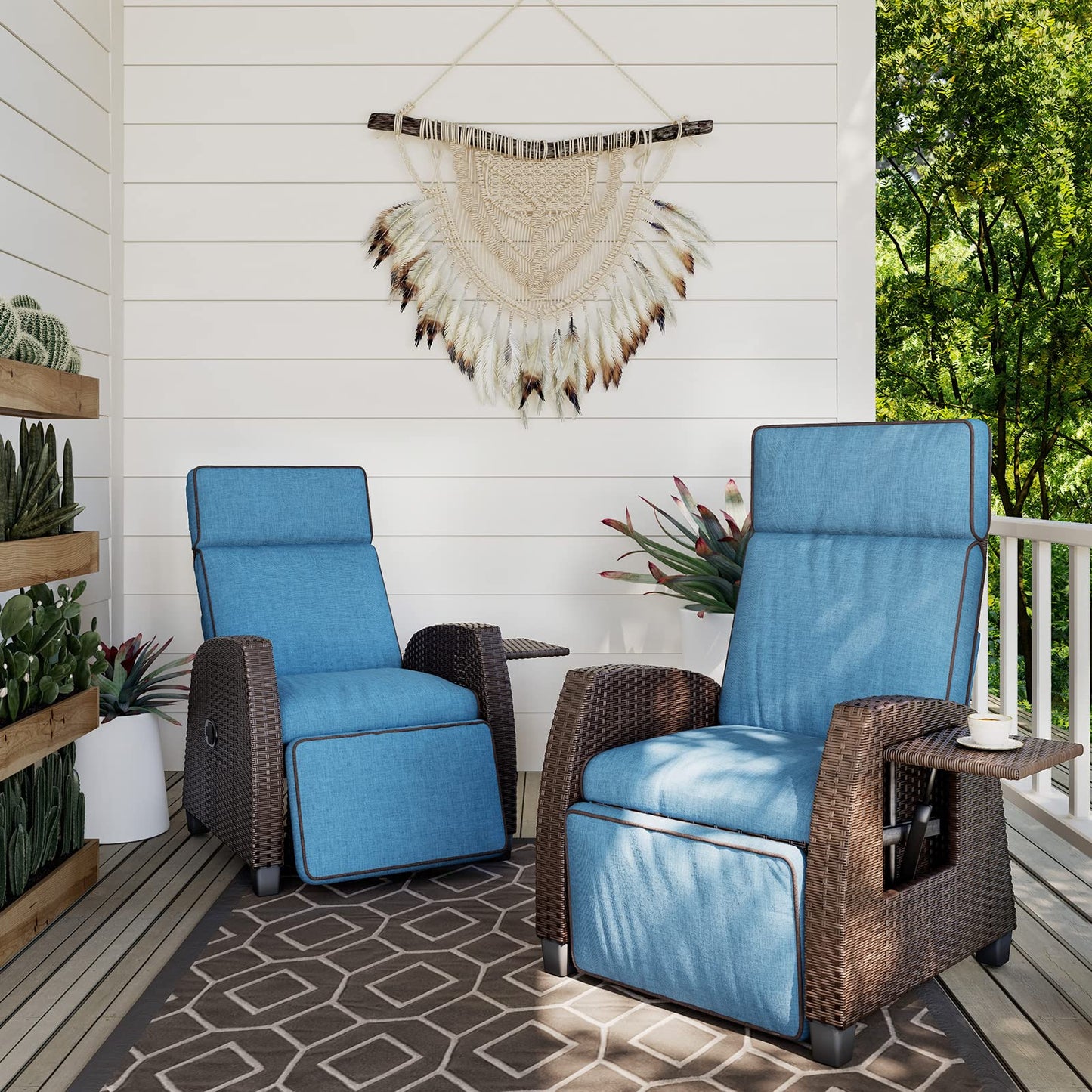 Grand patio Indoor & Outdoor Moor Recliner PE Wicker with Flip Table Push Back Reclining Lounge Chair, Peacock Blue 1 PCS