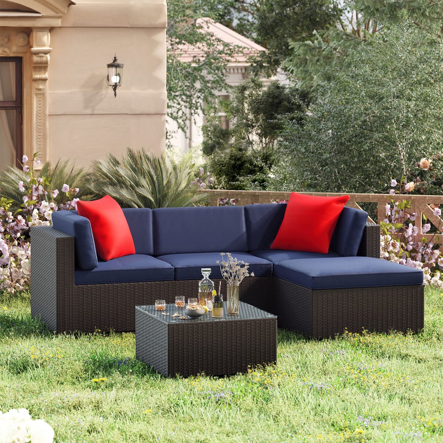 Greesum Patio Furniture Sets 5 Piece Outdoor Wicker Rattan Sectional Sofa with Cushions, Pillows & Glass Table, Dark Blue 5 Pieces