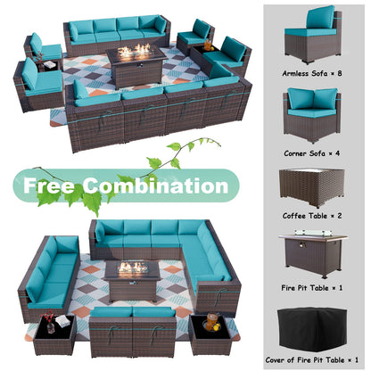 ALAULM 15 Pieces Outdoor Patio Furniture Set with Propane Fire Pit Table Outdoor Sectional Sofa Sets Patio Furniture