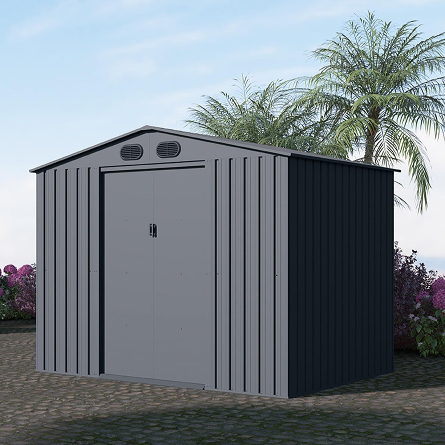 Chery Industrial 8'x6' Outdoor Storage Shed Galvanized Steel, Garden Shed with 4 Vents & Double Sliding Door, Utility Tool Shed Storage House for Backyard, Patio, Lawn(Dark Cool Grey) 8x6FT(Dark Cold Grey)