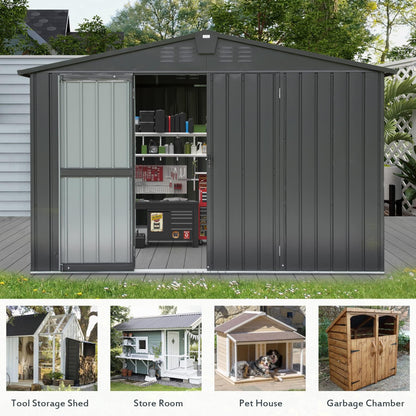 Domi Backyard Storage Shed 9.8’ x 7.9’ with Galvanized Steel Frame,Outdoor Garden Shed Metal Utility Tool Storage Room with Latches and Lockable Door for Balcony Lawn Poolside (Dark Gray) 10' x 8' Gable Roof