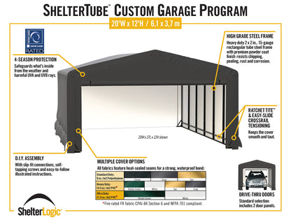 ShelterLogic ShelterTube Abri de garage et de stockage, 20' x 32' x 12', cadre en acier robuste, boîtier résistant au vent et à la neige, vert 20' x 32' x 12' 