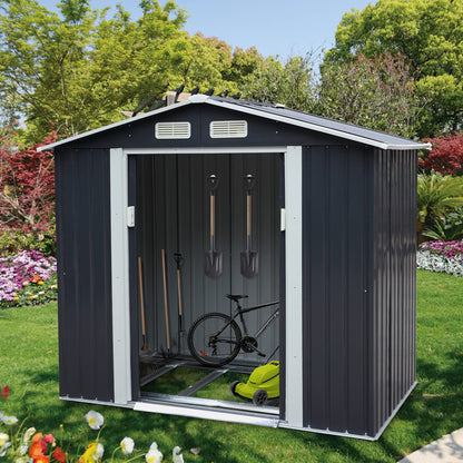 JAXSUNNY 4 x 7 FT Outdoor Metal Storage Shed w/ Floor Frame, Utility Tool Shed House for Patio Backyard Lawn Pool Equipment, Lawnmover Shed with Sliding Doors, 4 Vents & Apex Roof (Dark Grey) Dark Grey