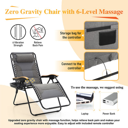 Sophia &amp; William XL Zero Gravity Chair avec massage (lot de 2), chaise longue inclinable à gravité surdimensionnée avec porte-gobelet gratuit, prend en charge 400 lb (gris) Lot de 2 gris-massage