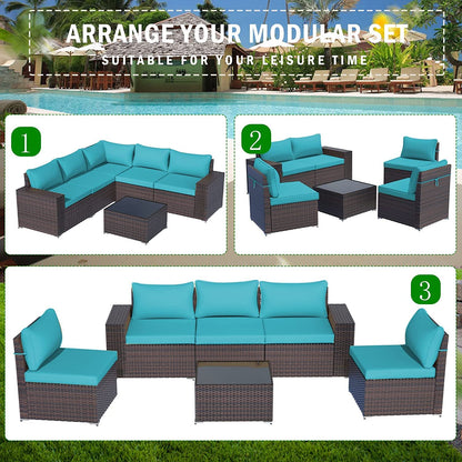 ALAULM 6 Pieces High-back Sectional Sofa Set Patio Furniture - Blue