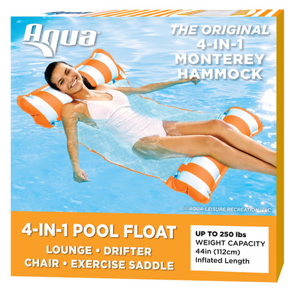 Aqua Original 4 en 1 Monterey Hammock Pool Float &amp; Water Hamac - Flotteurs de piscine gonflables multi-usages pour adultes - Matériau PVC épais et antiadhésif breveté Orange - Hamac