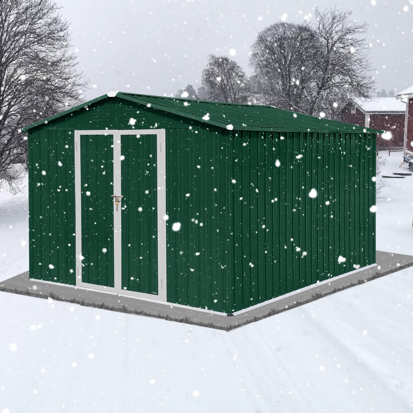 Lyromix 10' × 8' Metal Outdoor Storage Shed with Door & Lock, Waterproof Garden Storage Tool Shed with Base Frame for Backyard Patio, Dark Green 10×8 FT