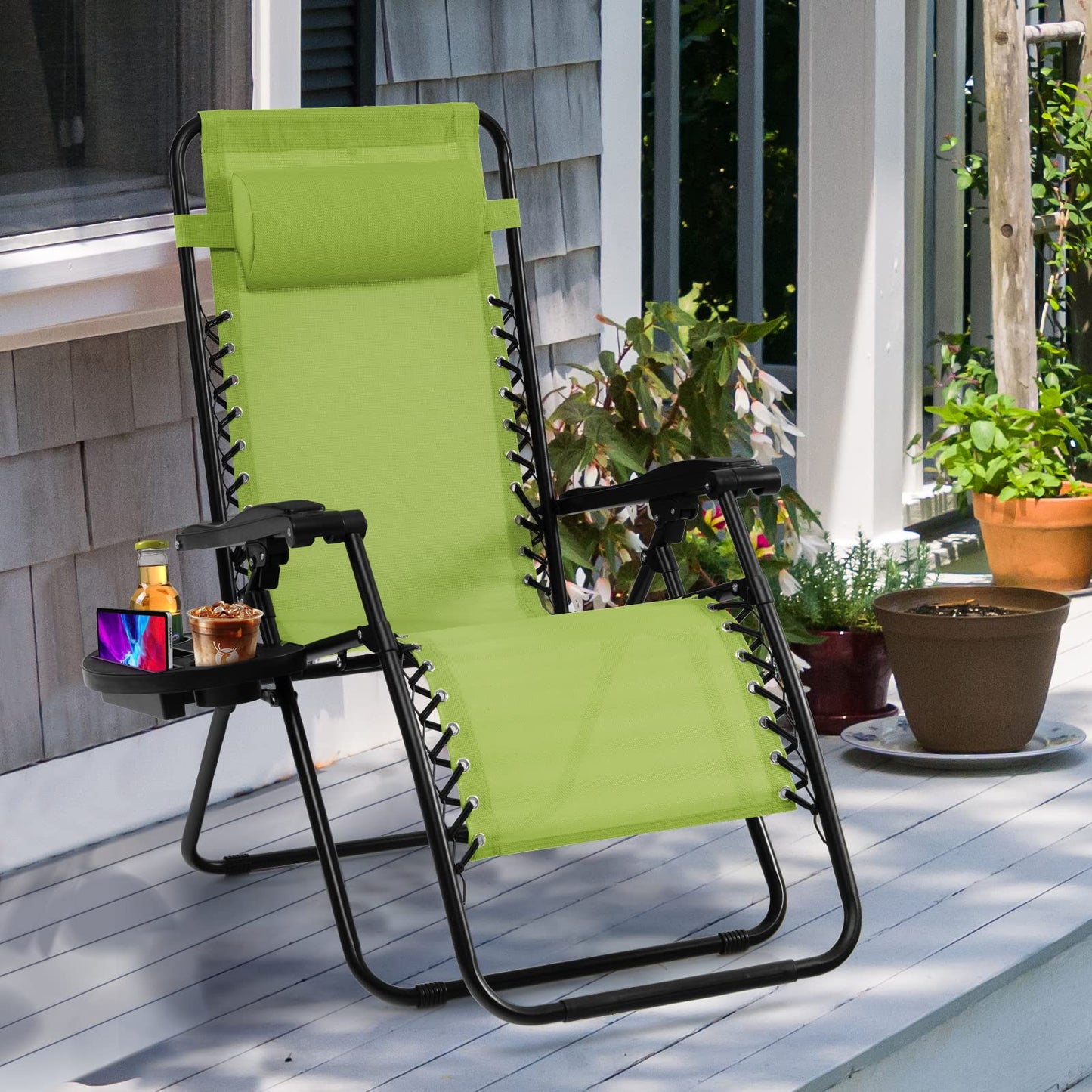 Goplus Zero Gravity Chair, Adjustable Folding Reclining Lounge Chair with Pillow and Cup Holder, Patio Lawn Recliner for Outdoor Pool Camp Yard (1, Green) set of 1