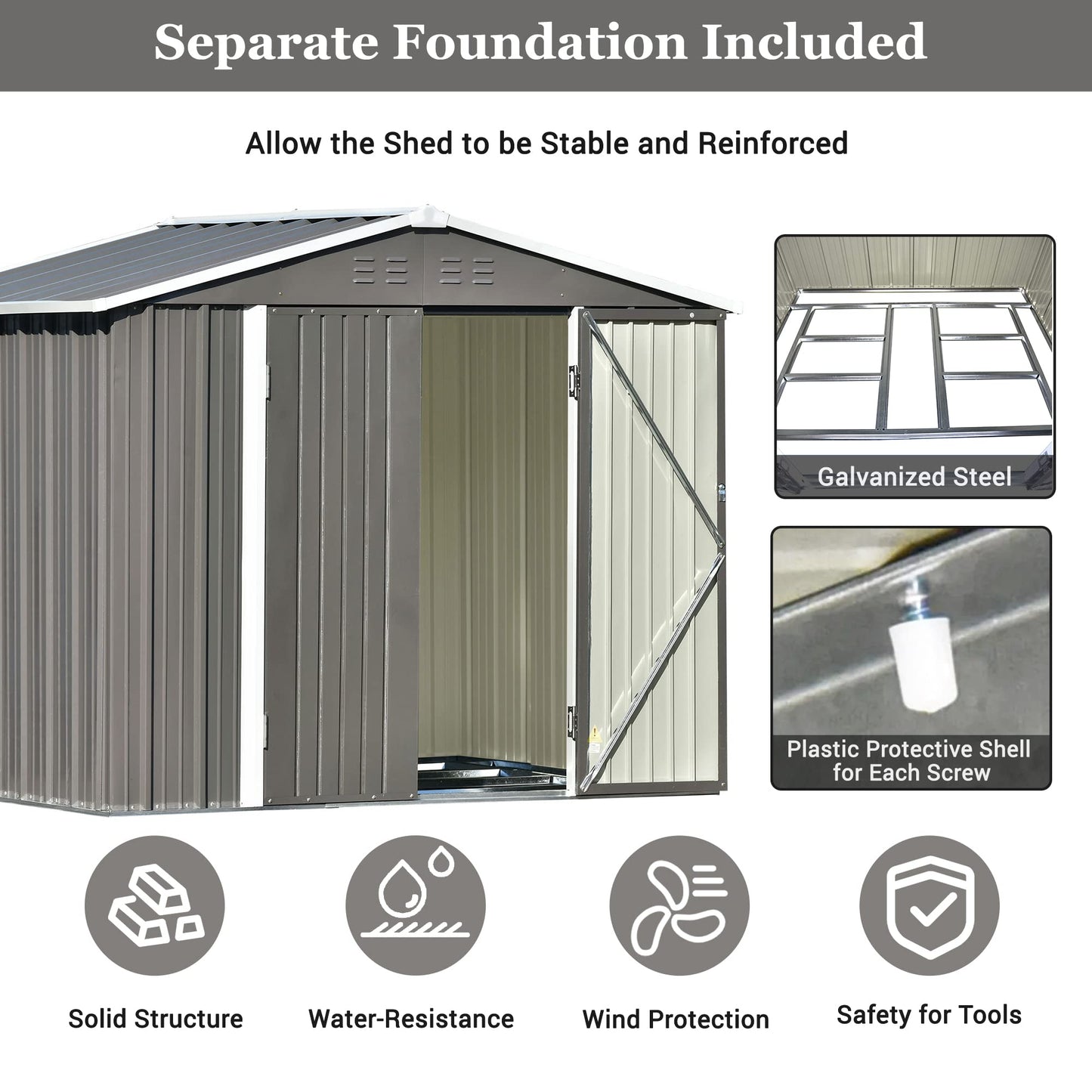 Tensun Patio 7.8' x 6.4' x 6' Bike Shed Garden Shed with Ground Base, Metal Storage Shed with Lockable Doors, Tool Cabinet with Vents and Foundation Frame for Backyard, Lawn, Garden, Gray Gray-2