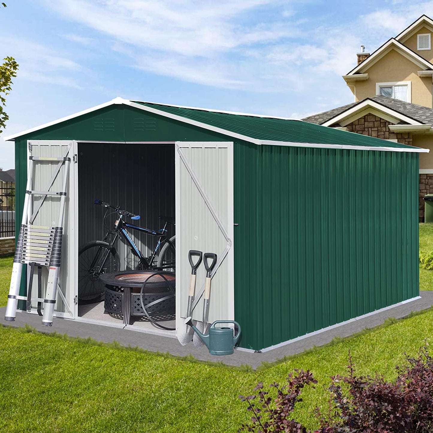 EMKK 8x6FT Outdoor Metal Storage Shed, Waterproof Galvanized Steel Storage House, Double Lockable Doors Tool Storage Shed with Sloping Roof and Lockable Door for Backyard, Patio and Lawn 8 x 6 FT Green White